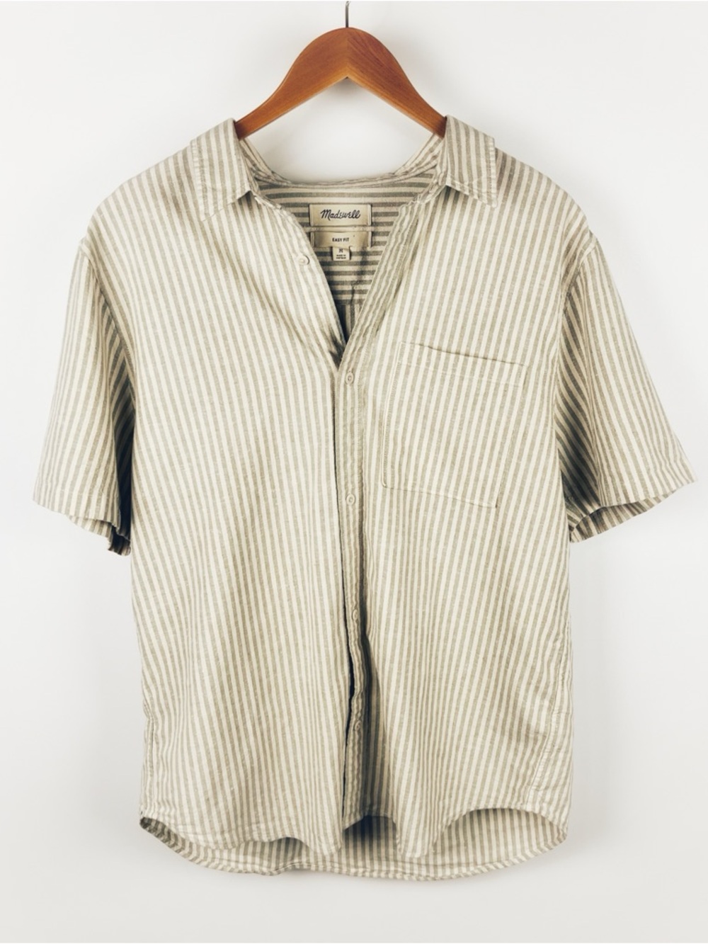 Madewell Hemp Cotton Easy Short Sleeve Striped Button Shirt Green Cream Size M